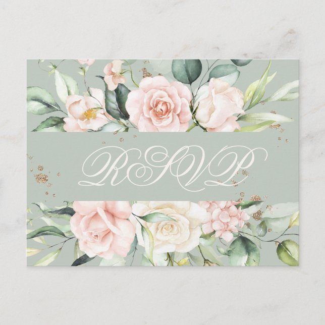 Postal Monograma Floral Rosa Verde Acuarela RSVP  (Anverso)