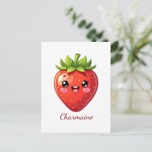 Postal Monograma fresa kawaii linda (Anverso de pie)