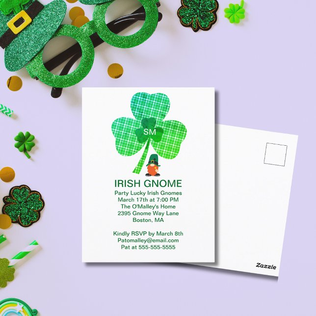 Postal Monograma Gnome irlandés Shamrock St Patrones (Zazzle Irish Gnome Monogram Shamrock St Patrick's Postcard (Front))