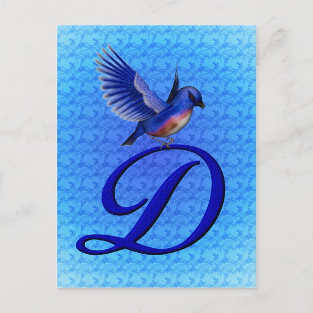Postal Monograma Inicial D Elegante Pájaro Azul (Anverso)