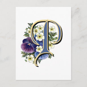 Postal Monograma inicial de Pansy pintado a mano - P