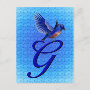 Postal Monograma inicial G Elegante Pájaro Azul