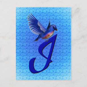Postal Monograma Inicial I Elegante Pájaro Azul