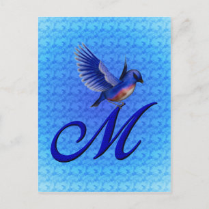 Postal Monograma inicial M Elegante Pájaro Azul
