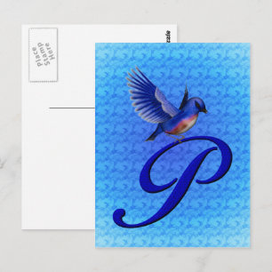 Postal Monograma Inicial P Elegante Pájaro Azul