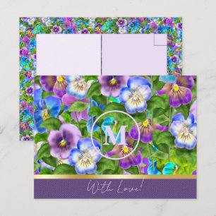 Postal Monograma Nacimiento Pansy Flores Violetas acuarel