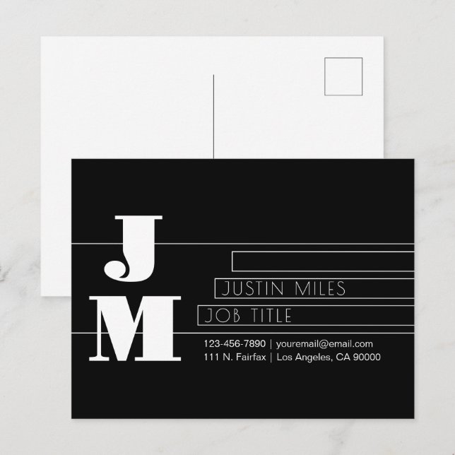 Postal Monograma personalizable retro-moderno en blanco y (Anverso / Reverso)