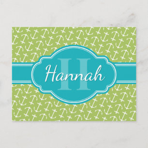 Postal Monograma Verde azulado del patrón de ancla blanca
