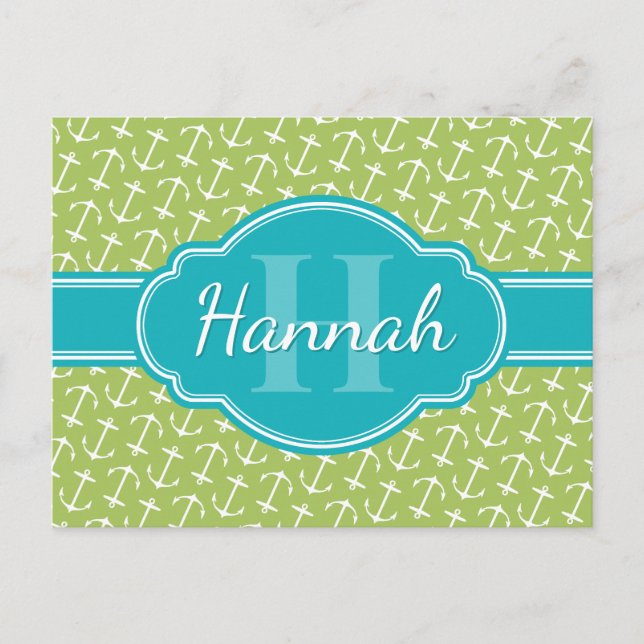 Postal Monograma Verde azulado del patrón de ancla blanca (Anverso)