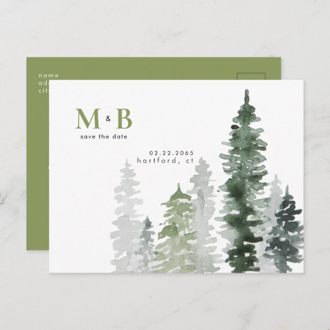 Postal Monograma verde Woodland Moss Save the Date (Anverso / Reverso)