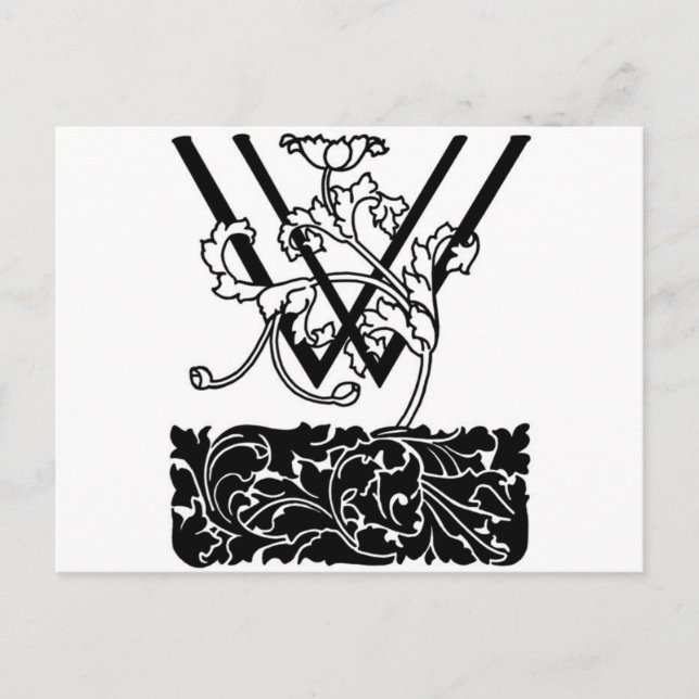 Postal Monograma W Floral de Art Deco blanco y negro (Anverso)