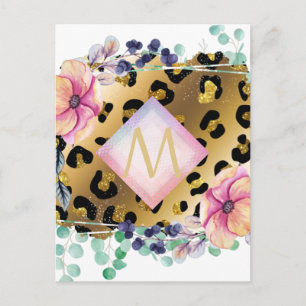 Postal Monogramado rosa rosado de bonito Girly Leopard Pr