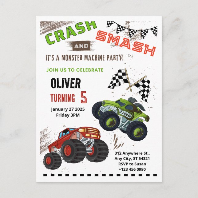 Postal Monster Car Truck Kid Cumpleaños Party Postcard (Anverso)