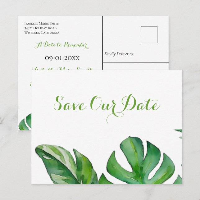 Postal Monstera, una acuarela verde tropical, salva la fe (Anverso / Reverso)