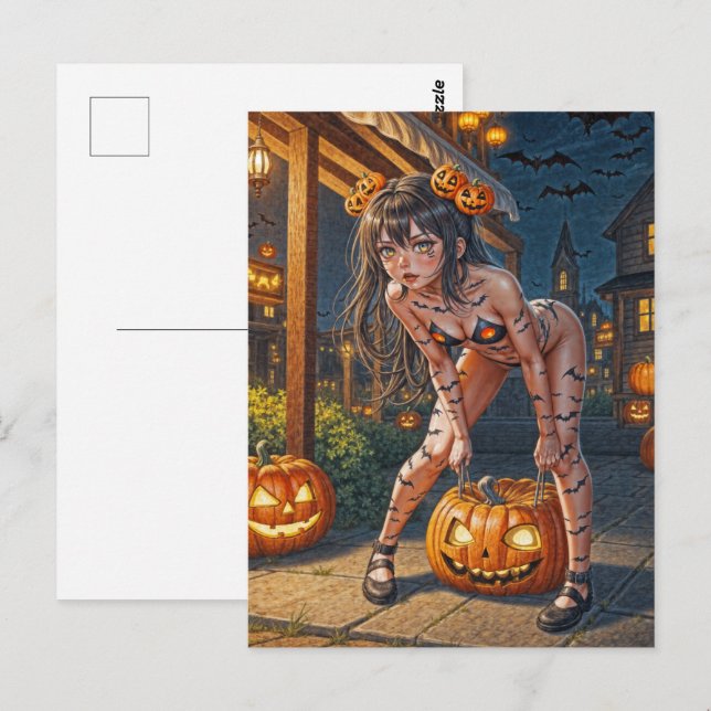 Postal Monstruo de Halloween Jack-o-Lantern y chica murci (Anverso / Reverso)