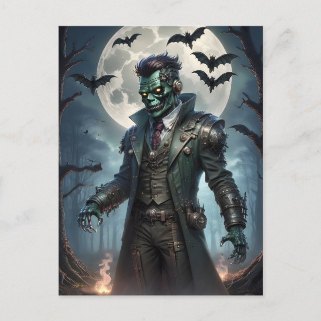 Postal Monstruo de Halloween Steampunk Frankenstein (Anverso)