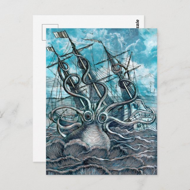 Postal Monstruo marino Octopus Blue Sea (Anverso / Reverso)