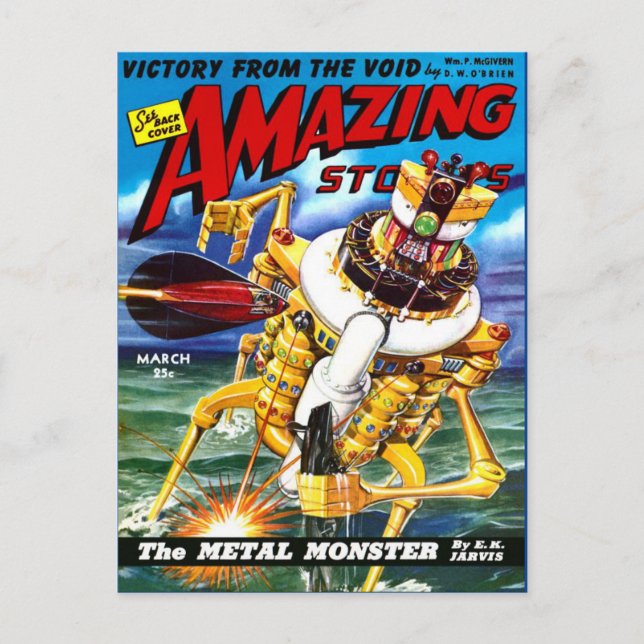 Postal Monstruo Metalizado de arte de ciencia ficción (Anverso)