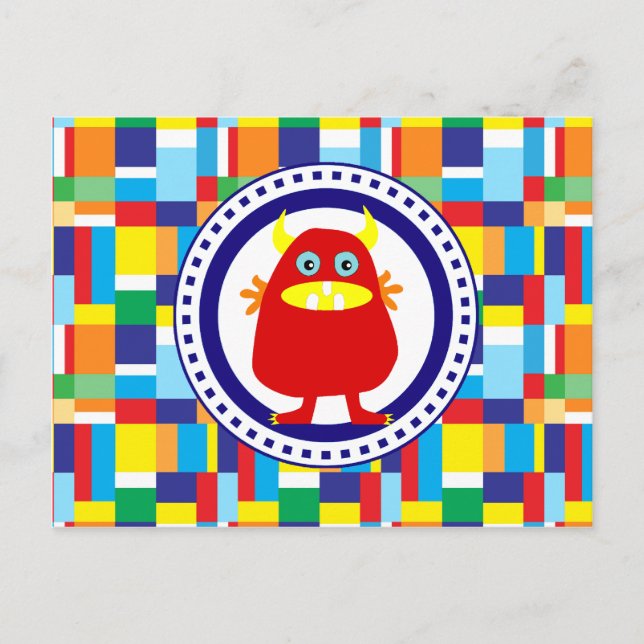 Postal Monstruo rojo curado en bloques de pegatinas color (Anverso)