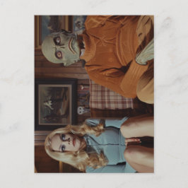 Postal Monstruo y mujer en sofá de los años 70
