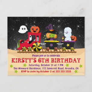 Postal Monstruos de Halloween adorables Tren Cumpleaños