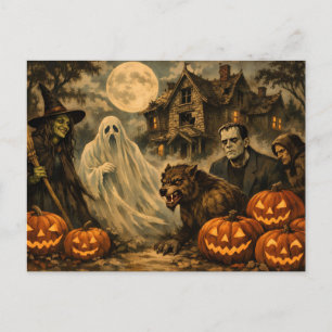 Postal Monstruos de Halloween, Bruja, Casa Embrujada, Cal