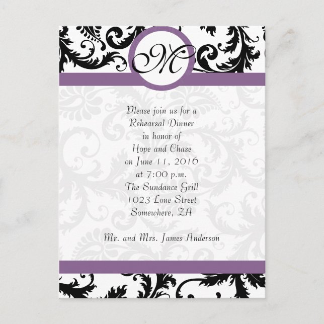Postal Montaje de uva Damask negro Swirls Ensayo Cena (Anverso)