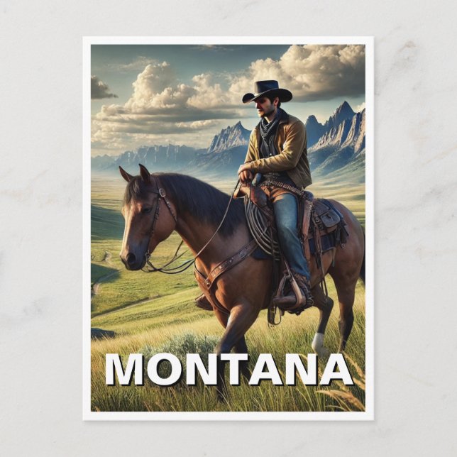 Postal Montana Cowboy montado a caballo (Anverso)