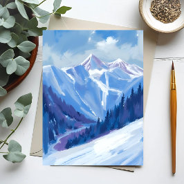 Postal Montaña de esquí | Cordillera de acuarela azul