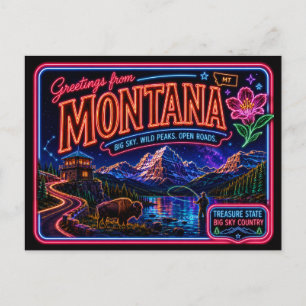 Postal Montana Neon Estado Retro Vintage