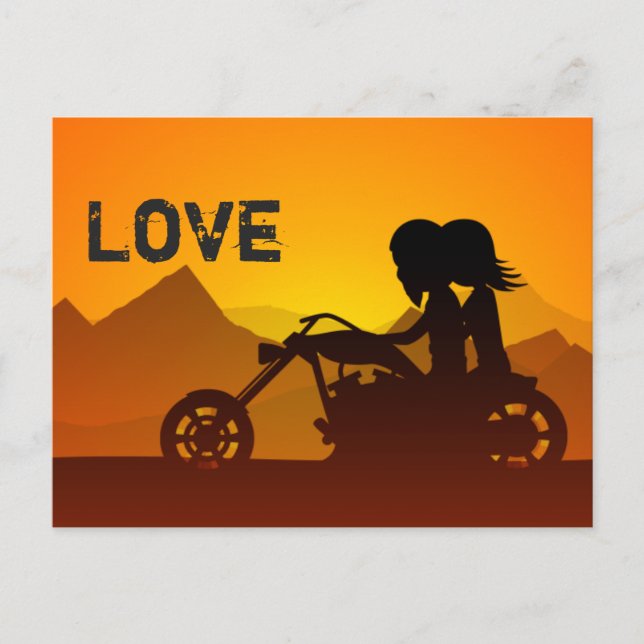 Postal Montaña Pareja de Motocicleta LOVE (Anverso)