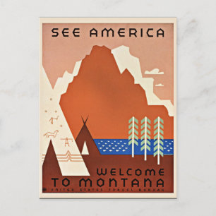 Postal Montana, See America, ilustracion de viajes vintag
