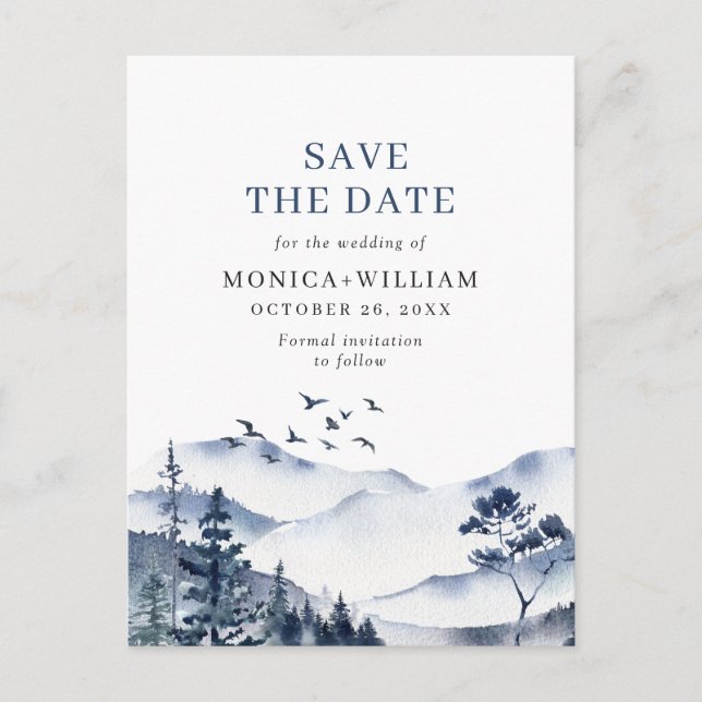 Postal Montañas Acuarela Bosque Boda Save the Date (Anverso)