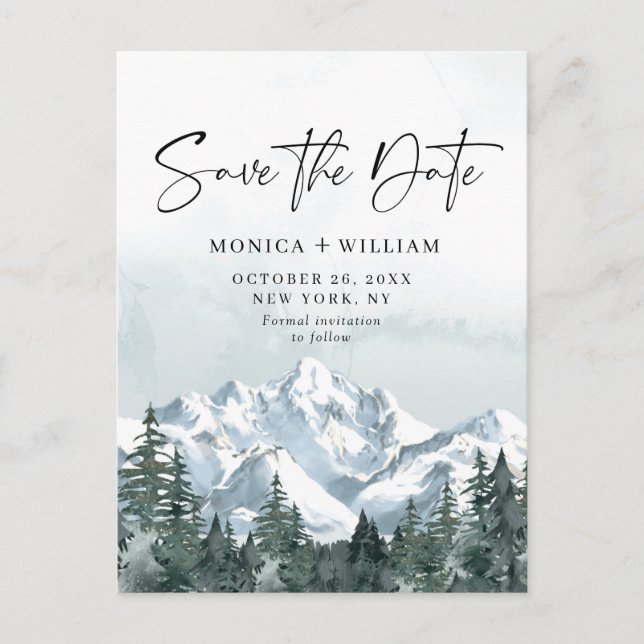 Postal Montañas acuarelas Boda forestal Guardar la fecha (Anverso)