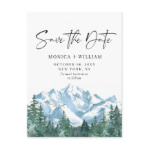 Montañas acuarelas Boda forestal Guardar la fecha