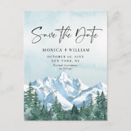 Postal Montañas acuarelas Boda forestal Guardar la fecha