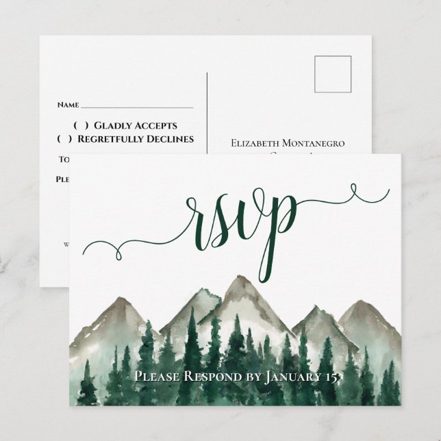 Postal Montañas acuarelas y bodas Boda RSVP Postcard (Anverso / Reverso)