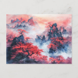 Postal Montañas Chinas de Otoño al Atardecer en Acuarela