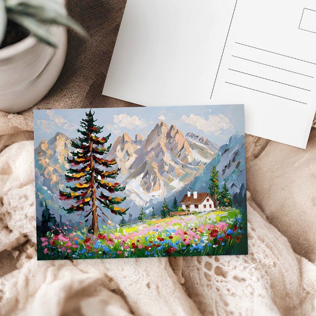 Postal Montañas de Acuarela Cabiña Flores Silvestres Pais (Subido por el creador)