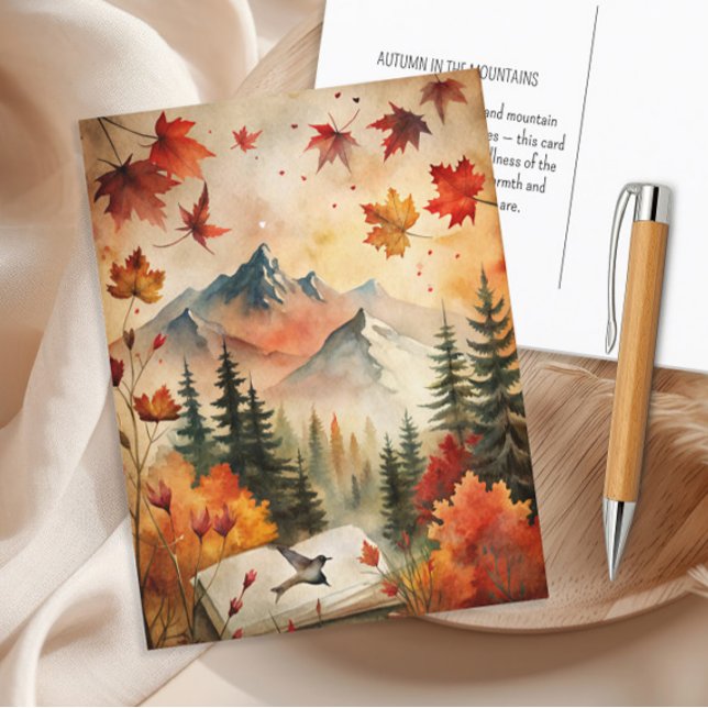 Postal Montañas de otoño hojas caídas vintage naturaleza (Mountains and autumn leaves postcard)