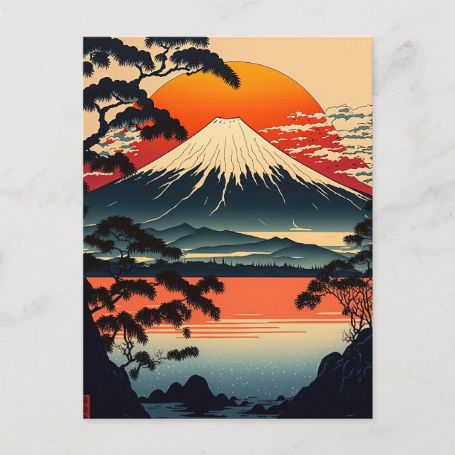 Postal Montañas japonesas Ukiyo e ilustracion (Anverso)