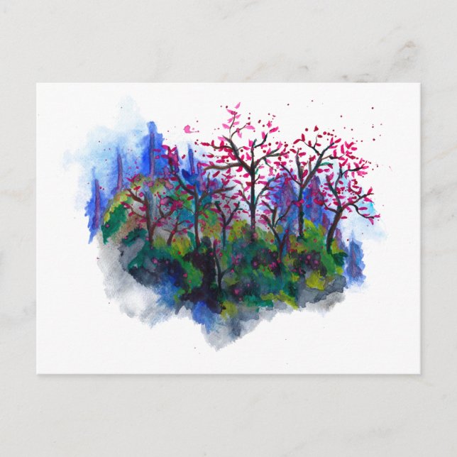 Postal Montañas Misty acuarelas postcard arte (Anverso)