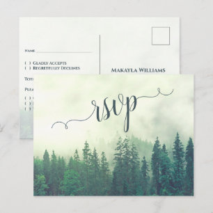 Postal Montañas Misty Boda Forestal de Pino Verde RSVP