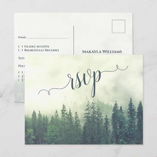 Postal Montañas Misty Boda Forestal de Pino Verde RSVP (Anverso / Reverso)