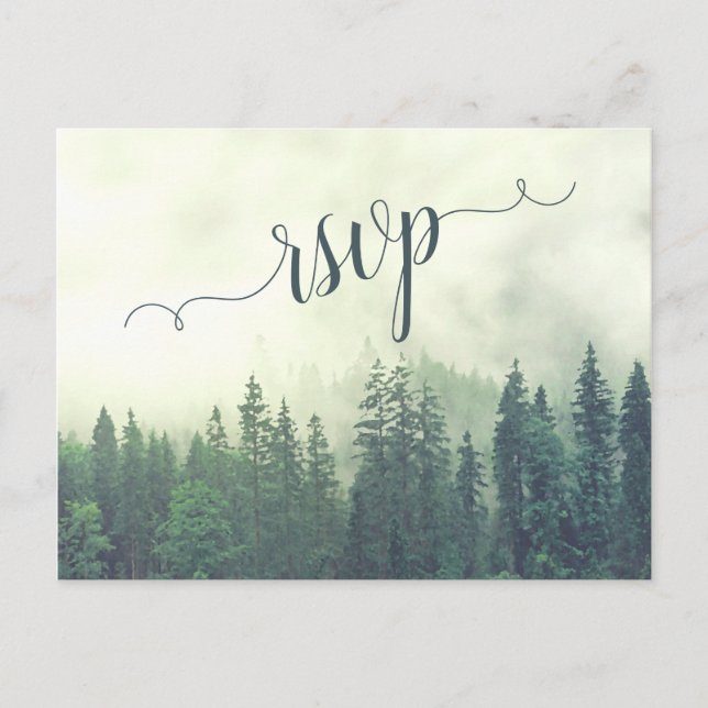 Postal Montañas Misty Boda Forestal de Pino Verde RSVP (Anverso)