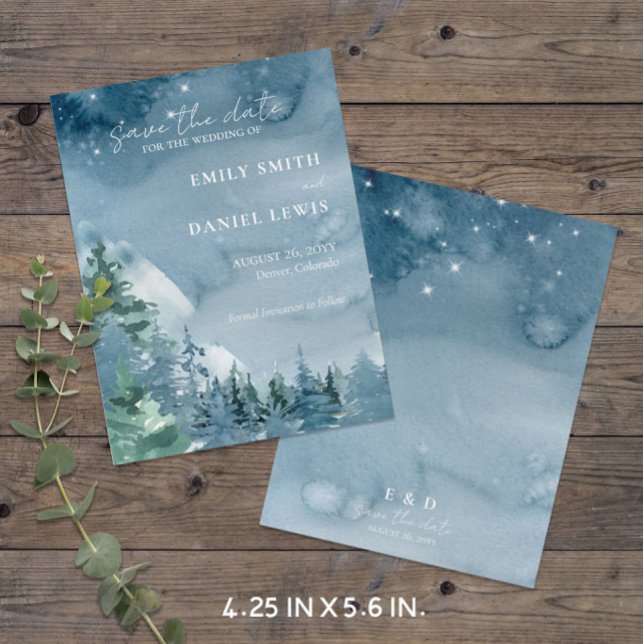 Postal Montañas Rústicas Presupuesto Azul Guardar la tarj (Dark Theme Budget-Friendly Rustic Mountain Wedding Save the Date (4.25 x 5.6 in))