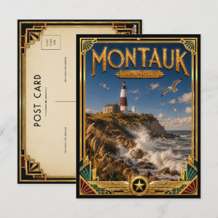 Postal Montauk Nueva York Arte Deco Vintage Edad Dorada