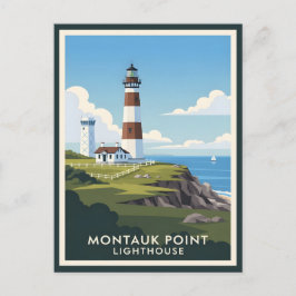 Postal Montauk Point Lighthouse, Coastal Cliff & Sailboat