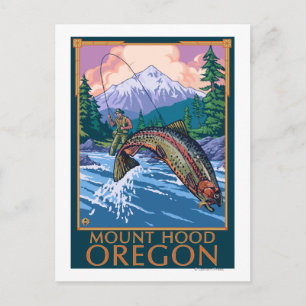 Postal Monte Hood, escena del pescador de Oregon