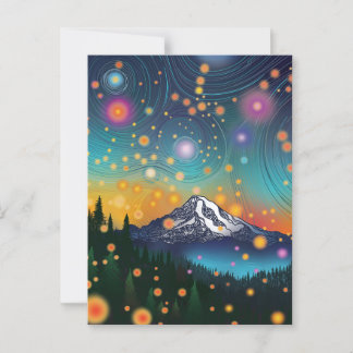 Postal Monte Rainier w Evening Starry Sky y luciérnagas